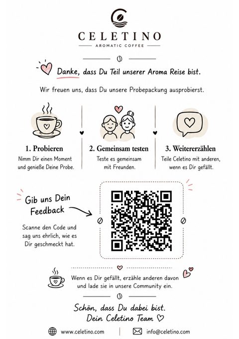 Celetino sample pack insert card with QR code